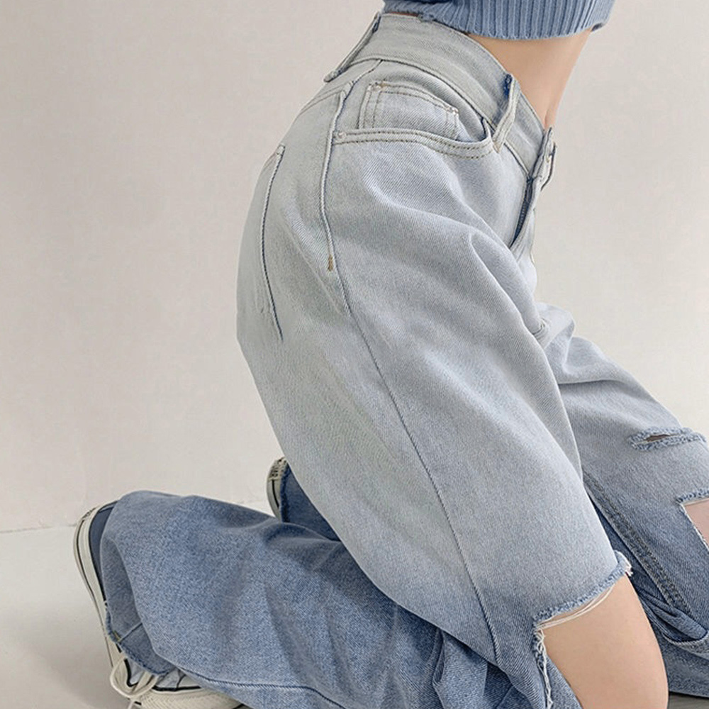 ダメージ デニムパンツ ハイウエスト韓国 。可  