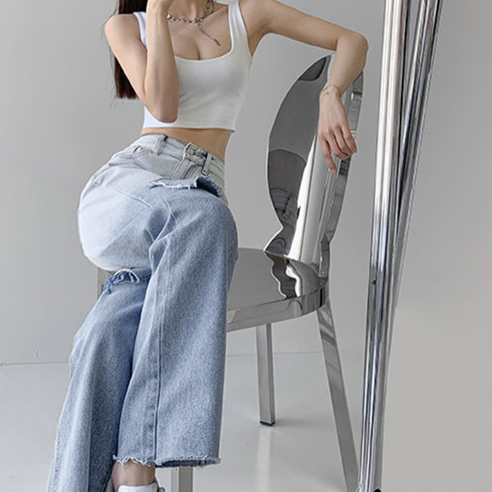 ダメージ デニムパンツ ハイウエスト韓国 。可  