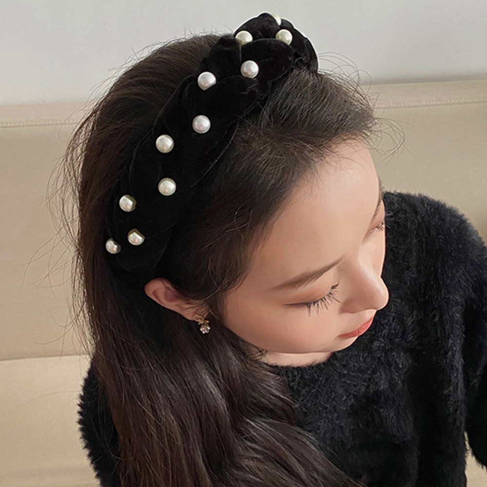 編みボリューム パールベロアカチューシャ  