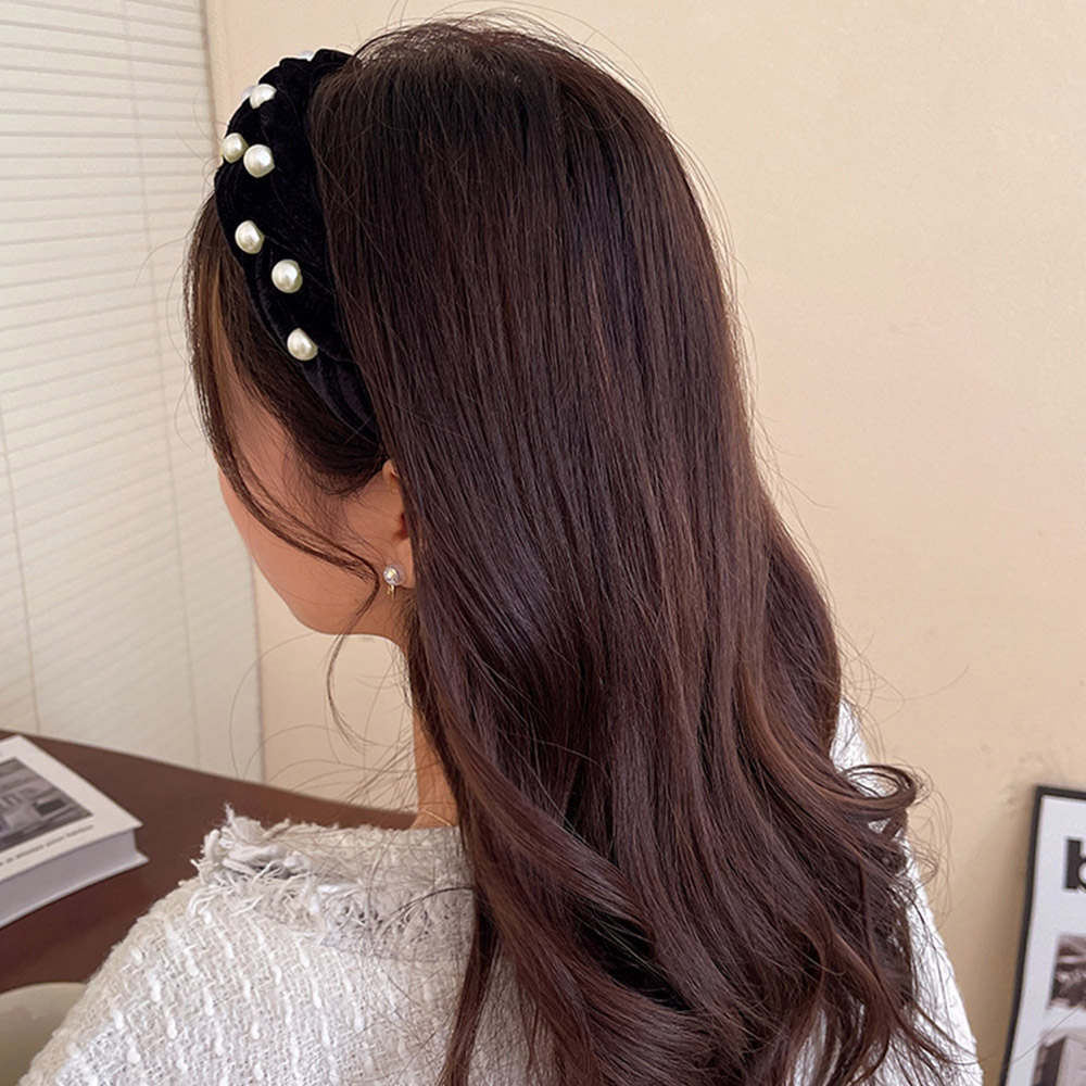 編みボリューム パールベロアカチューシャ  