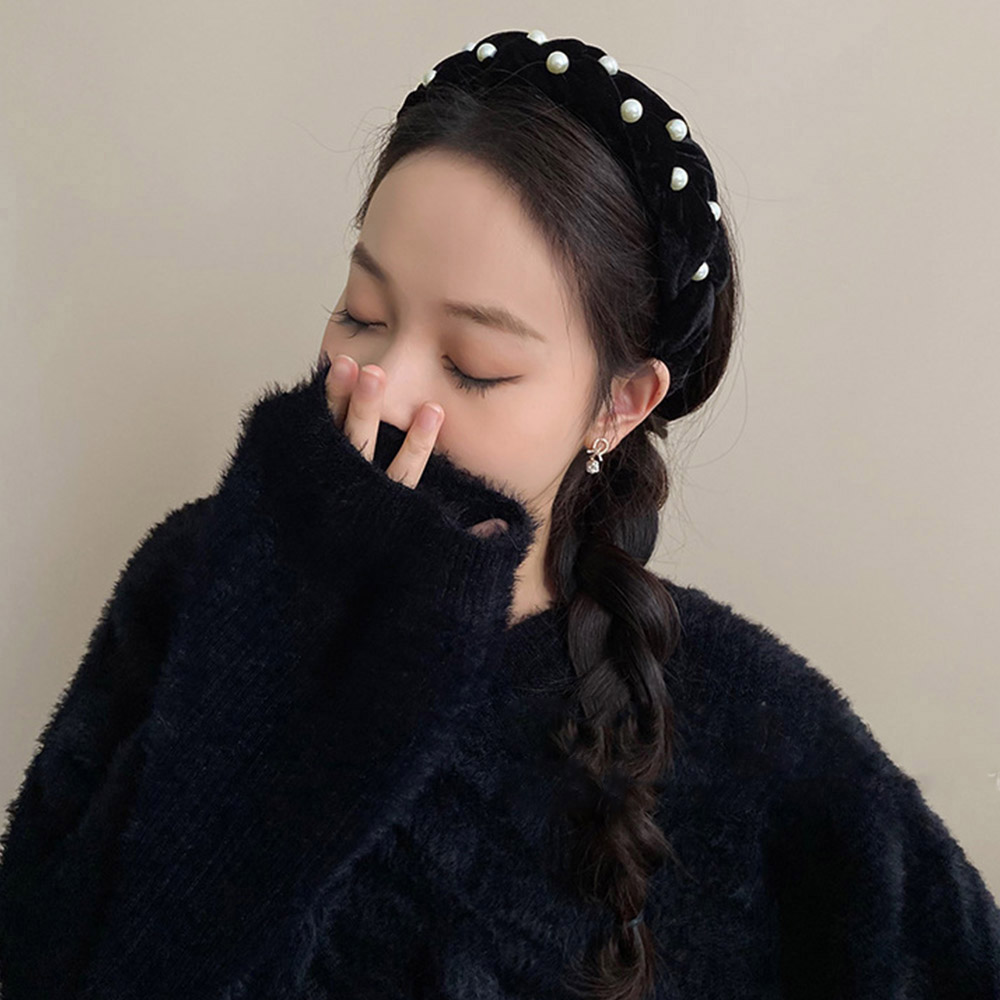 編みボリューム パールベロアカチューシャ  