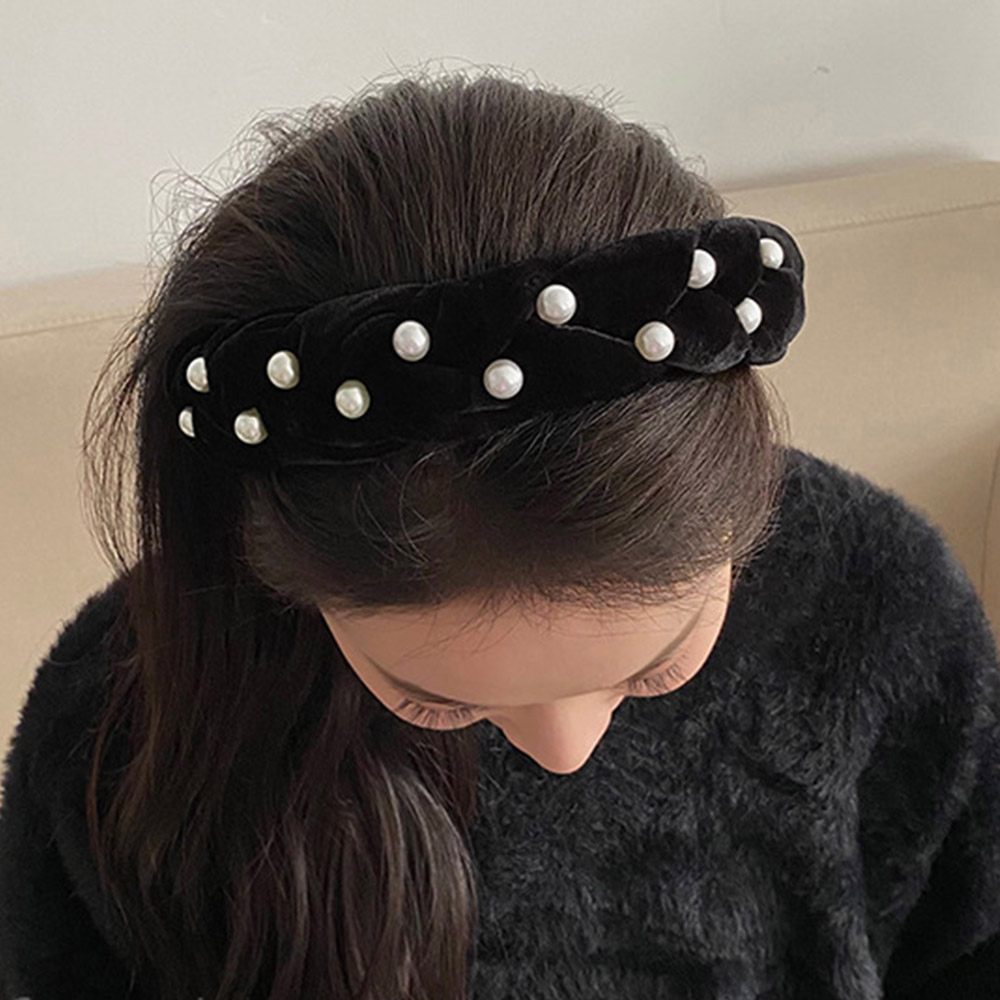 編みボリューム パールベロアカチューシャ  