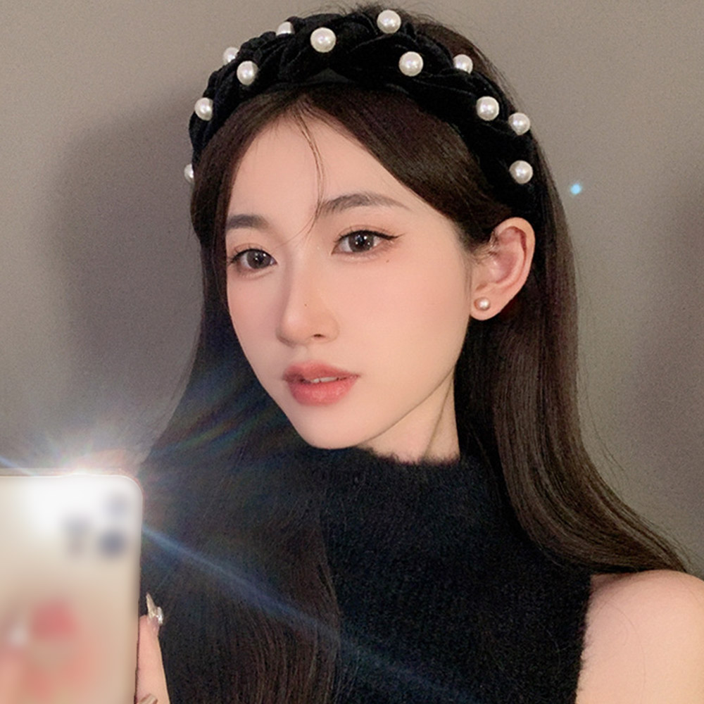 編みボリューム パールベロアカチューシャ  