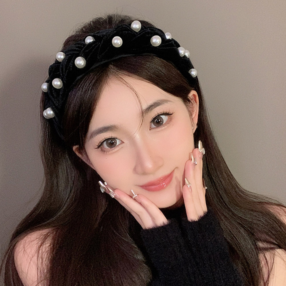 編みボリューム パールベロアカチューシャ  