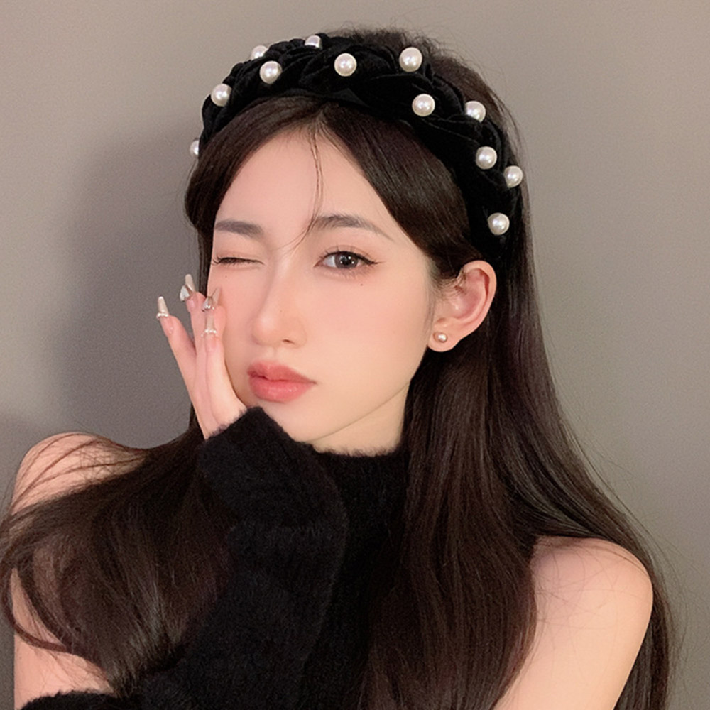 編みボリューム パールベロアカチューシャ  