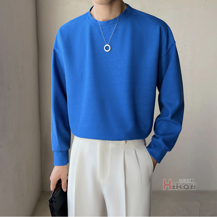 長袖 Tシャツ メンズ ワッフル生地 ロングTシャツ クルーネック シンプル 無地 ロングスリーブ カットソー ロングTシャツ 