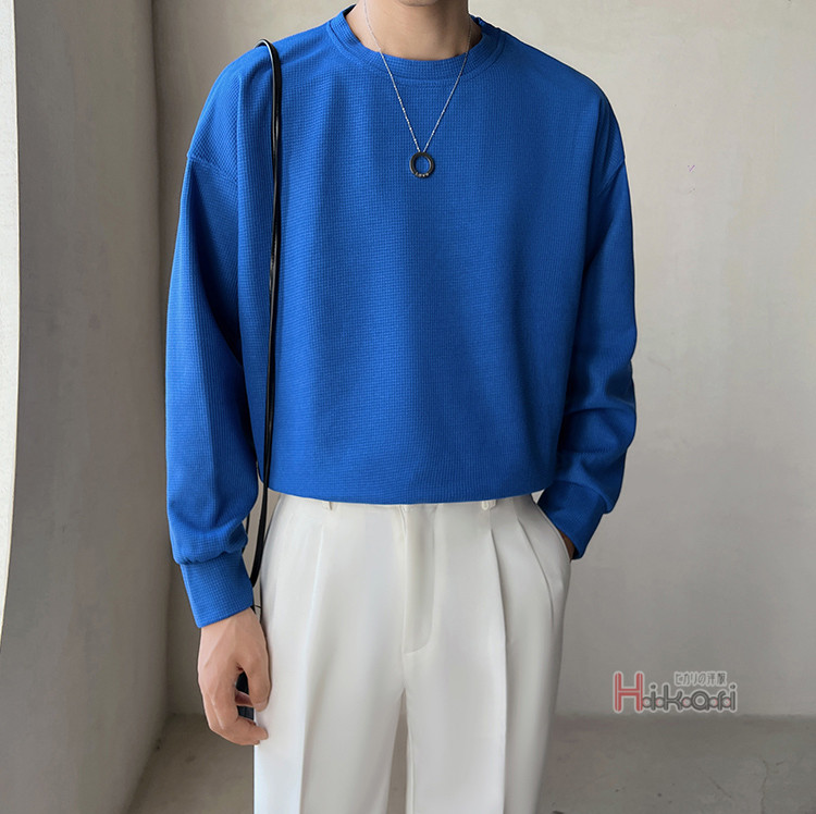 長袖 Tシャツ メンズ ワッフル生地 ロングTシャツ クルーネック シンプル 無地 ロングスリーブ カットソー ロングTシャツ 