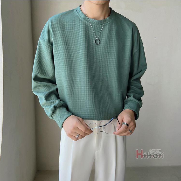 長袖 Tシャツ メンズ ワッフル生地 ロングTシャツ クルーネック シンプル 無地 ロングスリーブ カットソー ロングTシャツ 