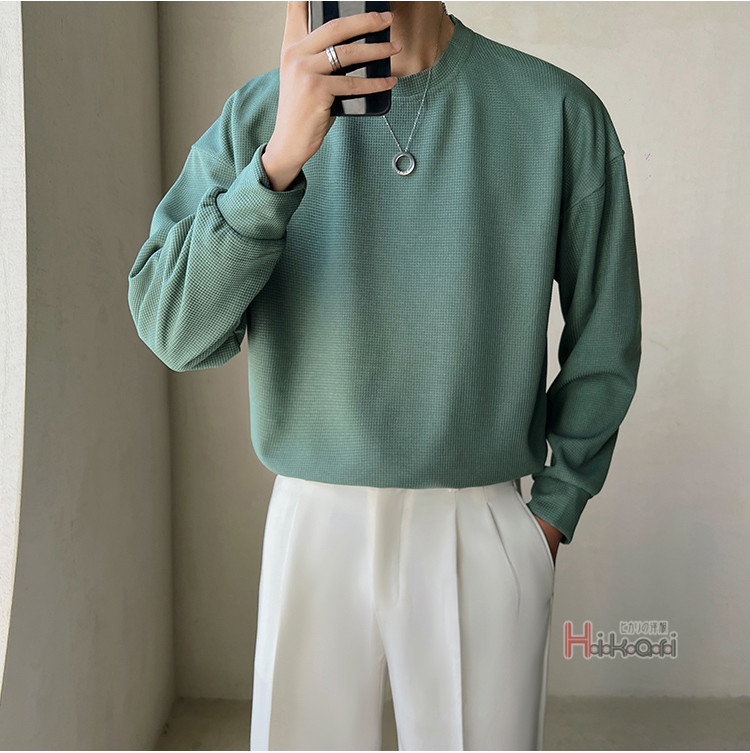 長袖 Tシャツ メンズ ワッフル生地 ロングTシャツ クルーネック シンプル 無地 ロングスリーブ カットソー ロングTシャツ 