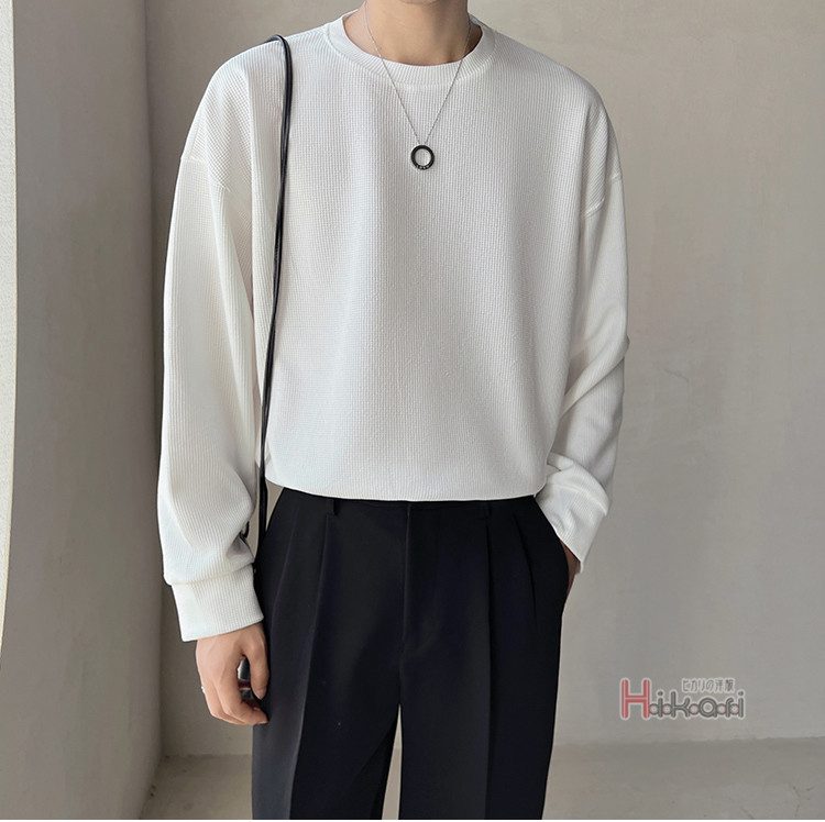 長袖 Tシャツ メンズ ワッフル生地 ロングTシャツ クルーネック シンプル 無地 ロングスリーブ カットソー ロングTシャツ 