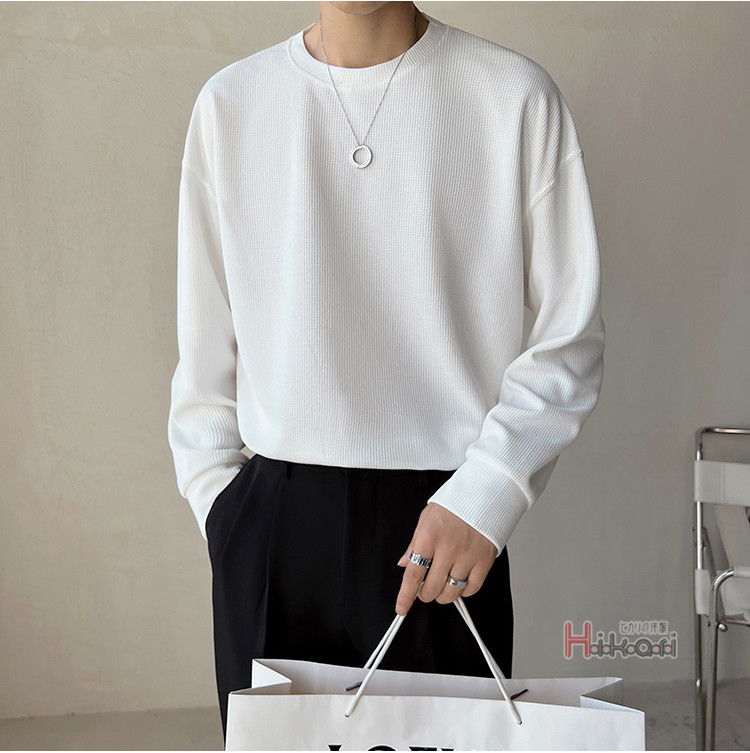 長袖 Tシャツ メンズ ワッフル生地 ロングTシャツ クルーネック シンプル 無地 ロングスリーブ カットソー ロングTシャツ 