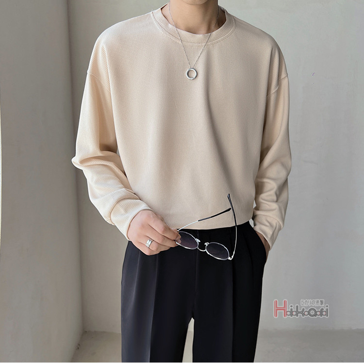 長袖 Tシャツ メンズ ワッフル生地 ロングTシャツ クルーネック シンプル 無地 ロングスリーブ カットソー ロングTシャツ 
