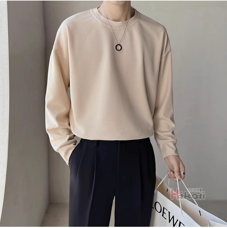長袖 Tシャツ メンズ ワッフル生地 ロングTシャツ クルーネック シンプル 無地 ロングスリーブ カットソー ロングTシャツ 