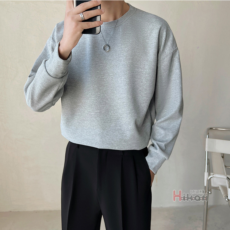 長袖 Tシャツ メンズ ワッフル生地 ロングTシャツ クルーネック シンプル 無地 ロングスリーブ カットソー ロングTシャツ 
