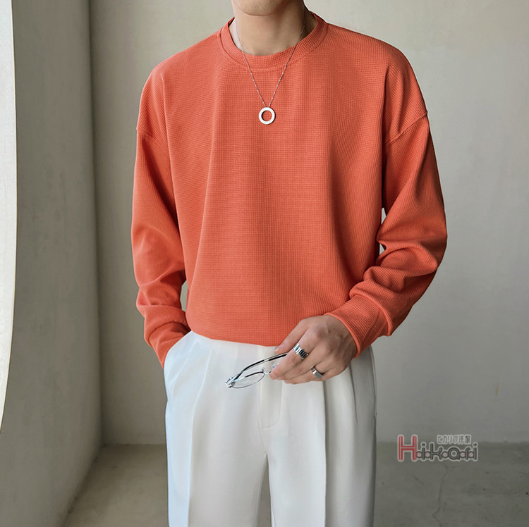 長袖 Tシャツ メンズ ワッフル生地 ロングTシャツ クルーネック シンプル 無地 ロングスリーブ カットソー ロングTシャツ 