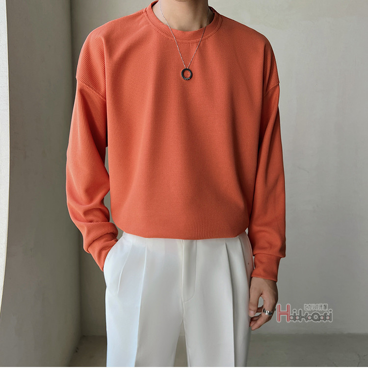 長袖 Tシャツ メンズ ワッフル生地 ロングTシャツ クルーネック シンプル 無地 ロングスリーブ カットソー ロングTシャツ 
