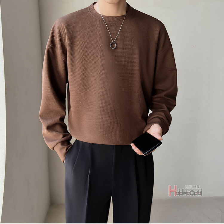 長袖 Tシャツ メンズ ワッフル生地 ロングTシャツ クルーネック シンプル 無地 ロングスリーブ カットソー ロングTシャツ 