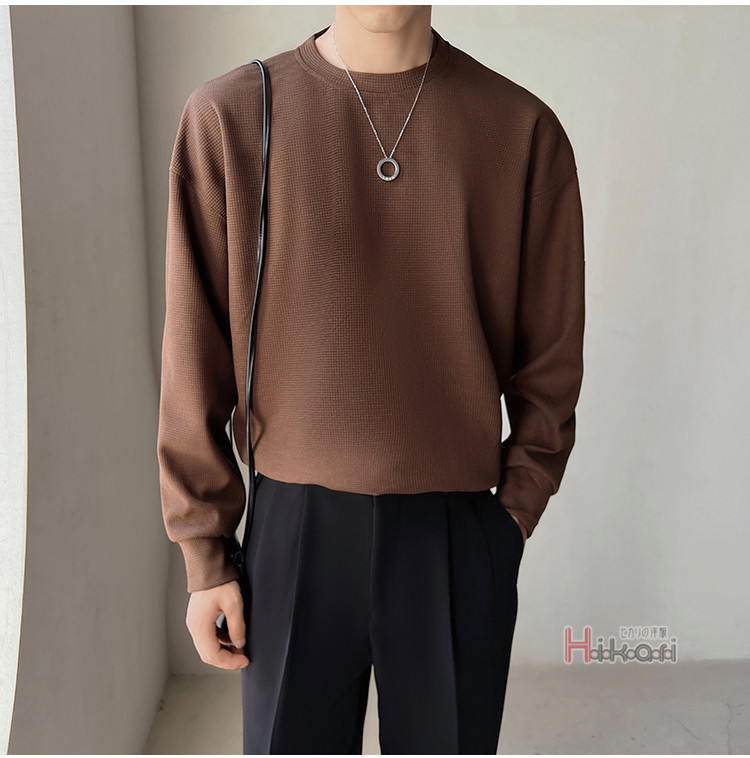 長袖 Tシャツ メンズ ワッフル生地 ロングTシャツ クルーネック シンプル 無地 ロングスリーブ カットソー ロングTシャツ 