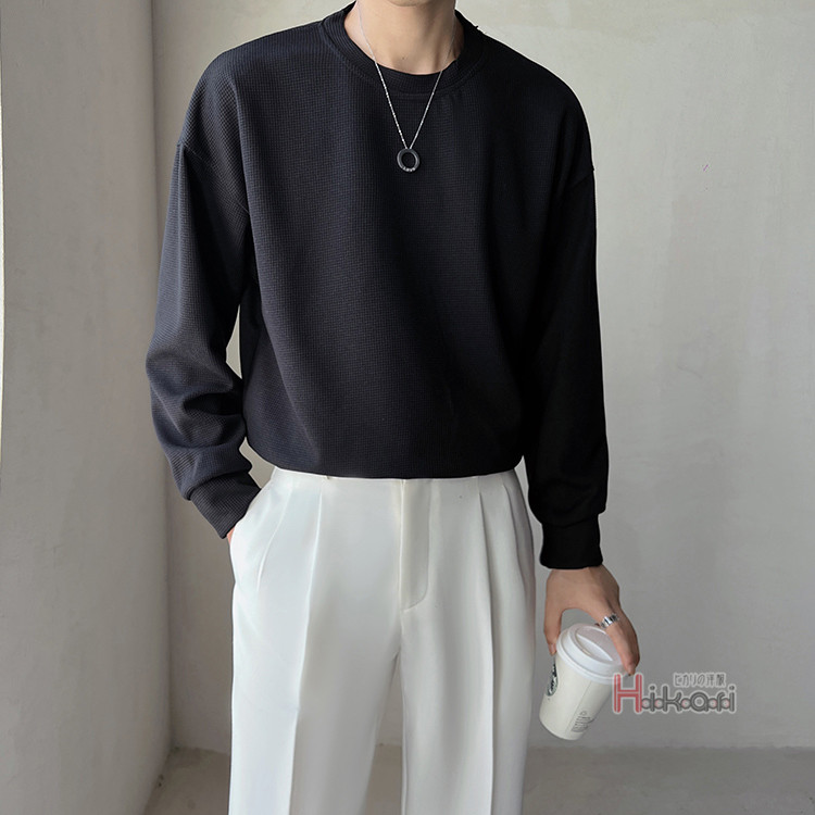 長袖 Tシャツ メンズ ワッフル生地 ロングTシャツ クルーネック シンプル 無地 ロングスリーブ カットソー ロングTシャツ 