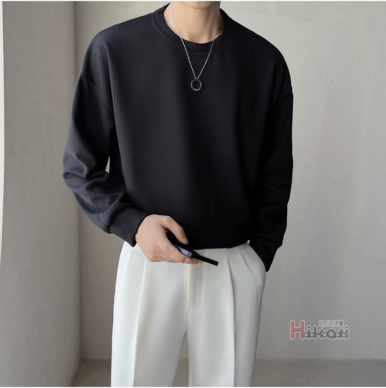 長袖 Tシャツ メンズ ワッフル生地 ロングTシャツ クルーネック シンプル 無地 ロングスリーブ カットソー ロングTシャツ 