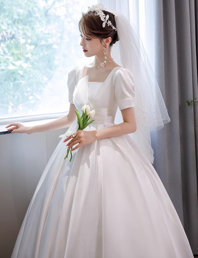 ウェディングドレス 袖あり 半袖 プリンセスライン 結婚式 花嫁 ハイウエスト 白 ウエストマーク マタニティドレス 4L 大きいサイズ ドレス 6L 7L 3L 5L 