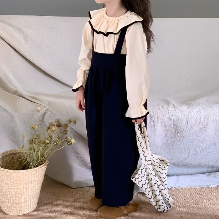 小学生 セットアップ 女の子 フリルブラウス サロペットパンツ 2点セット ガーダンス 可愛い カジュアル 通学 長袖 韓国 春秋 