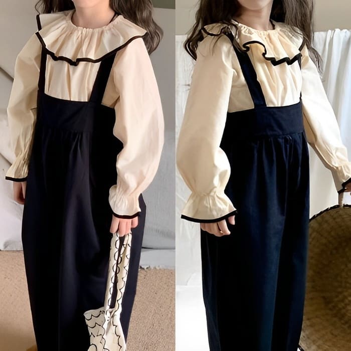 小学生 セットアップ 女の子 フリルブラウス サロペットパンツ 2点セット ガーダンス 可愛い カジュアル 通学 長袖 韓国 春秋 