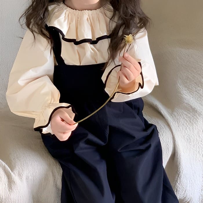 小学生 セットアップ 女の子 フリルブラウス サロペットパンツ 2点セット ガーダンス 可愛い カジュアル 通学 長袖 韓国 春秋 