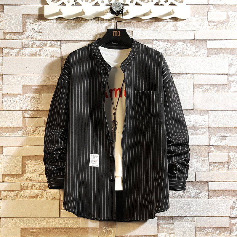 長袖シャツ メンズ スタンドカラーシャツ ストライプシャツ 長袖 大きいサイズ ビジネス 秋服 おしゃれ 春物 トップス 
