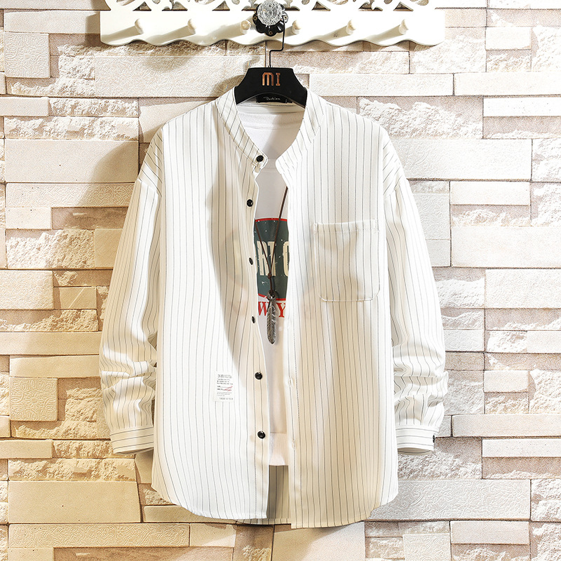 長袖シャツ メンズ スタンドカラーシャツ ストライプシャツ 長袖 大きいサイズ ビジネス 秋服 おしゃれ 春物 トップス 