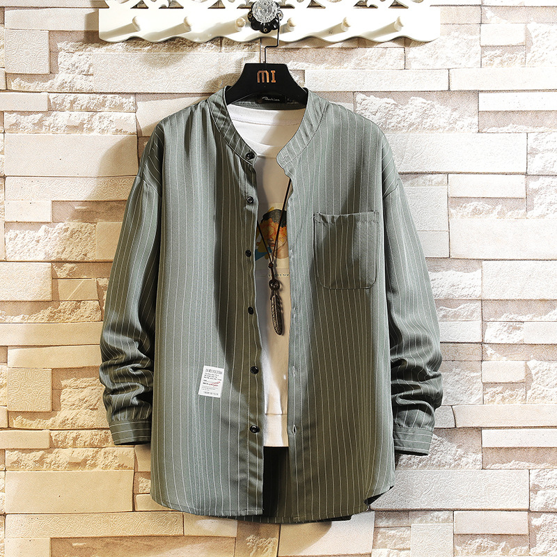 長袖シャツ メンズ スタンドカラーシャツ ストライプシャツ 長袖 大きいサイズ ビジネス 秋服 おしゃれ 春物 トップス 