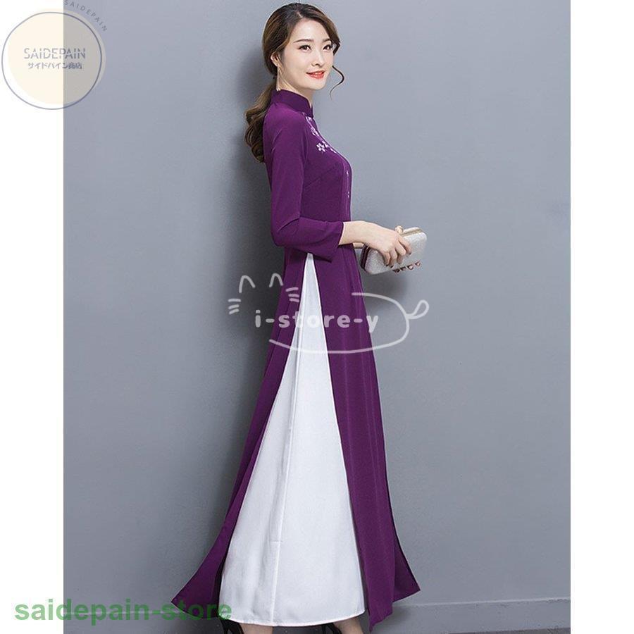 チャイナドレス ロング丈 チャイナ風ワンピース 衣装 チャイナドレス ワンピース 花柄 チャイナ服 ハロウィン 7分袖 ドレスワンピース 2枚重ね アオザイ 