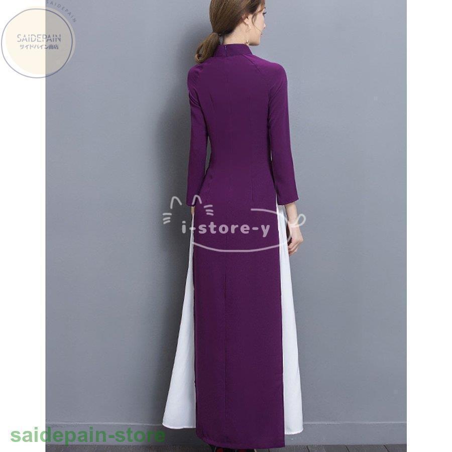 チャイナドレス ロング丈 チャイナ風ワンピース 衣装 チャイナドレス ワンピース 花柄 チャイナ服 ハロウィン 7分袖 ドレスワンピース 2枚重ね アオザイ 