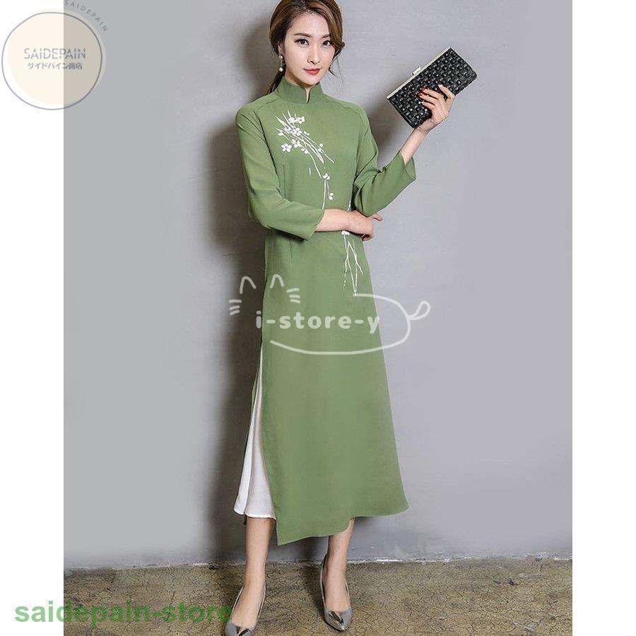 チャイナドレス ロング丈 チャイナ風ワンピース 衣装 チャイナドレス ワンピース 花柄 チャイナ服 ハロウィン 7分袖 ドレスワンピース 2枚重ね アオザイ 