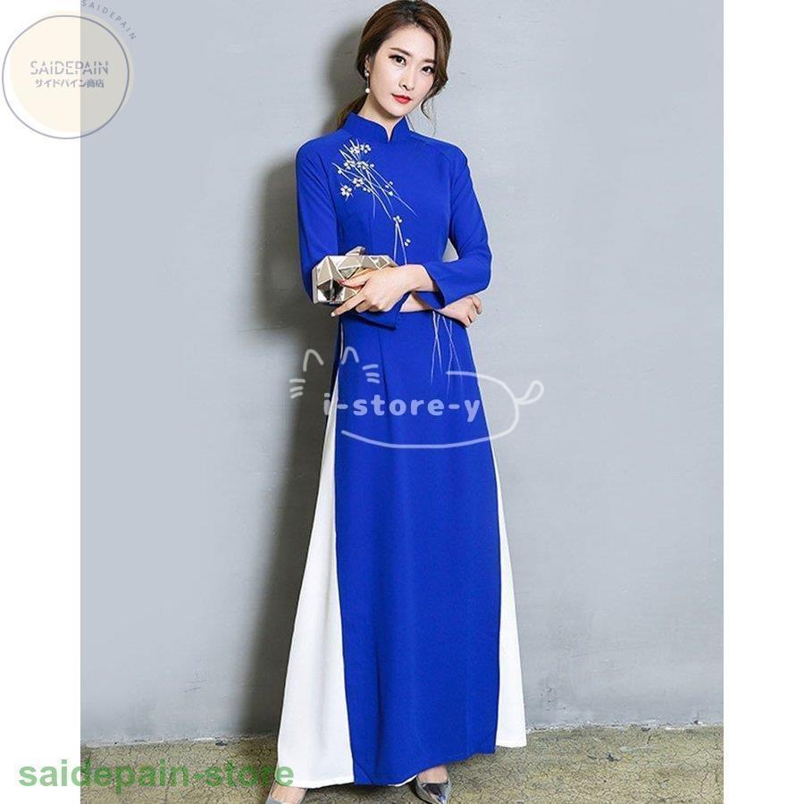 チャイナドレス ロング丈 チャイナ風ワンピース 衣装 チャイナドレス ワンピース 花柄 チャイナ服 ハロウィン 7分袖 ドレスワンピース 2枚重ね アオザイ 