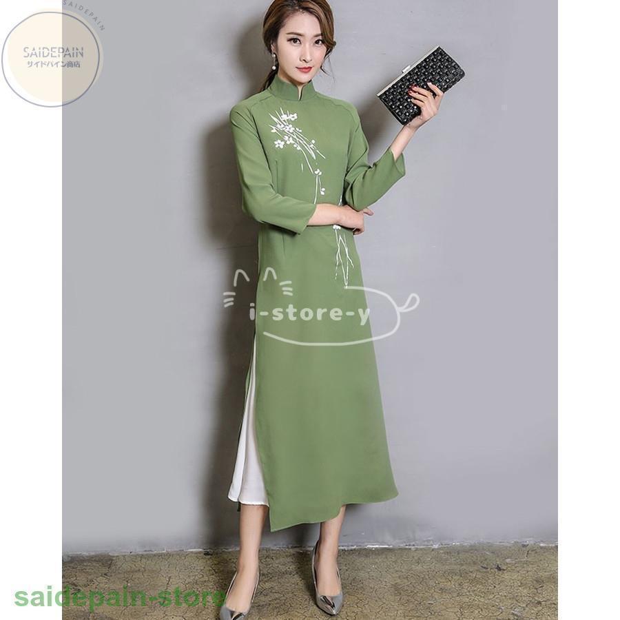 チャイナドレス ロング丈 チャイナ風ワンピース 衣装 チャイナドレス ワンピース 花柄 チャイナ服 ハロウィン 7分袖 ドレスワンピース 2枚重ね アオザイ 