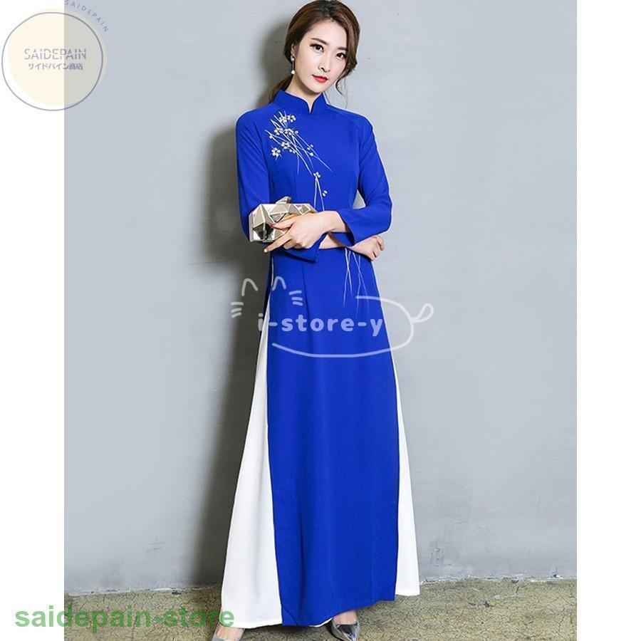 チャイナドレス ロング丈 チャイナ風ワンピース 衣装 チャイナドレス ワンピース 花柄 チャイナ服 ハロウィン 7分袖 ドレスワンピース 2枚重ね アオザイ 