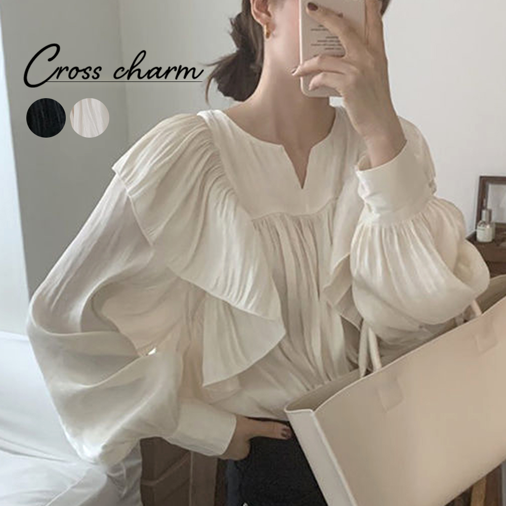 フリル ブラウス シンプル フ細見え 華奢見え レディース カジュアル 無地 立ち襟 キュート 体型カバー フォーマル シンプル 大人 シャツ 