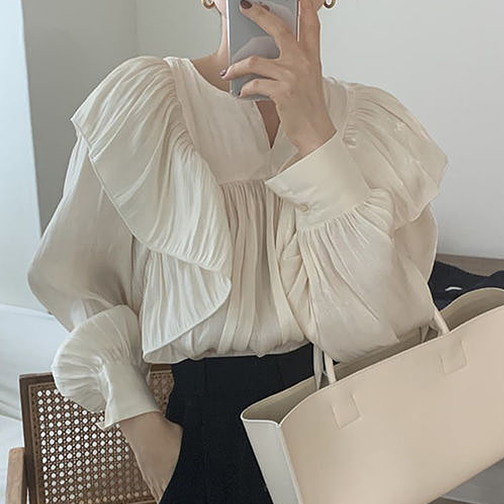 フリル ブラウス シンプル フ細見え 華奢見え レディース カジュアル 無地 立ち襟 キュート 体型カバー フォーマル シンプル 大人 シャツ 