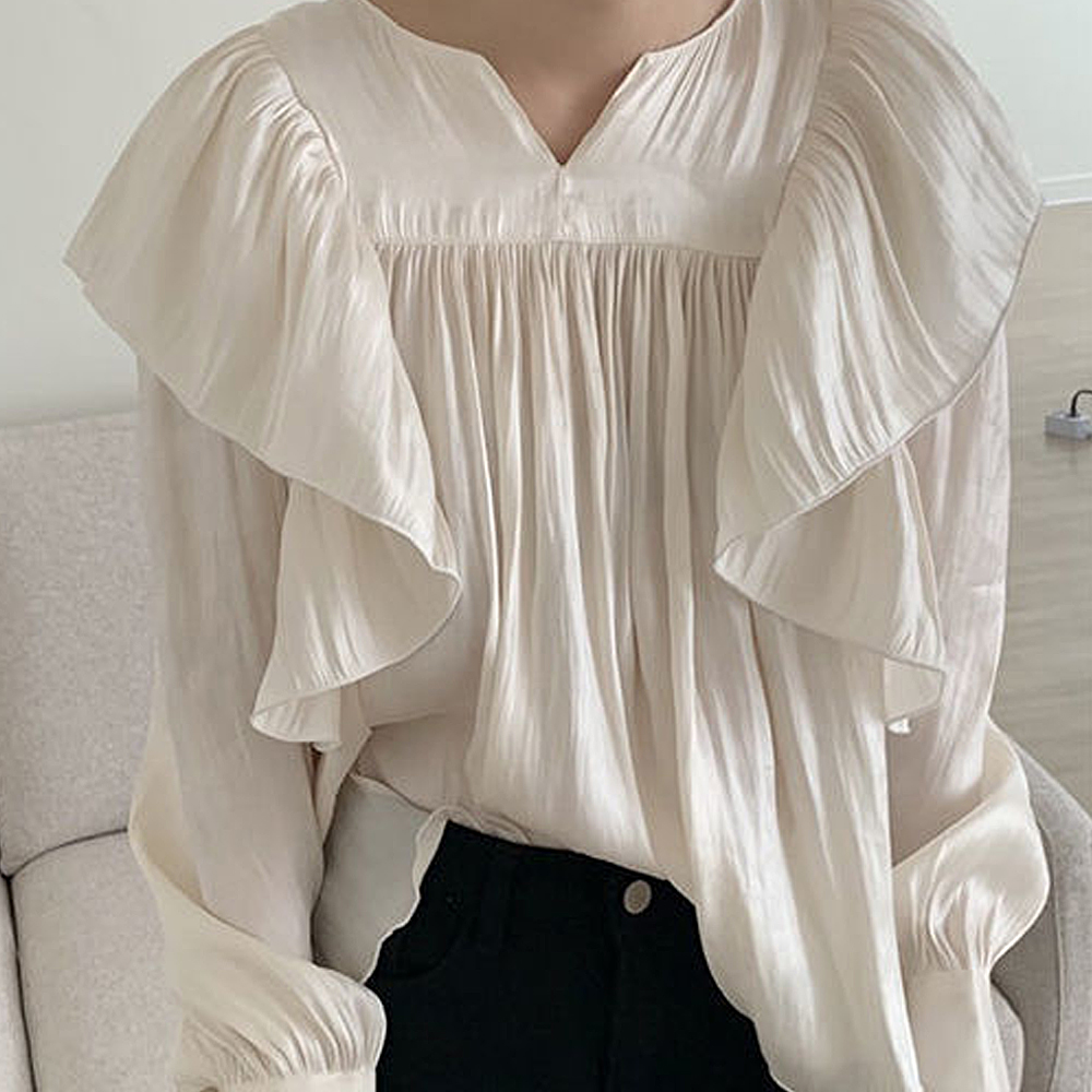 フリル ブラウス シンプル フ細見え 華奢見え レディース カジュアル 無地 立ち襟 キュート 体型カバー フォーマル シンプル 大人 シャツ 
