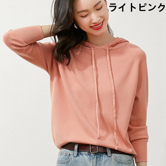 ニットレディース 長袖 ニット フード付き トップス 薄手 カジュアル 秋冬 無地 女性用 冬物 秋物 プルオーバー 