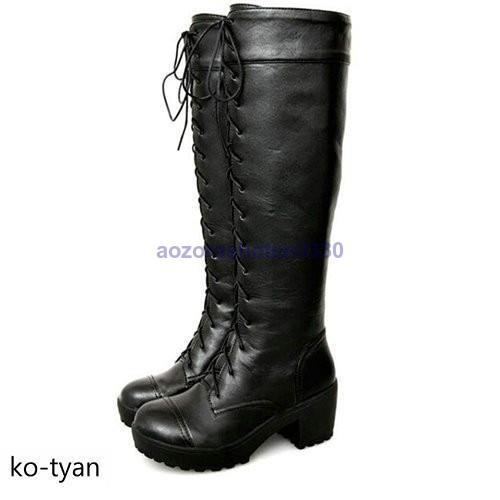 ロングブーツ ニーハイブーツ レディース 大きいサイズ 編み上げ レースアップ ハイヒール ブーツ 太ヒール おしゃれ 紐靴 