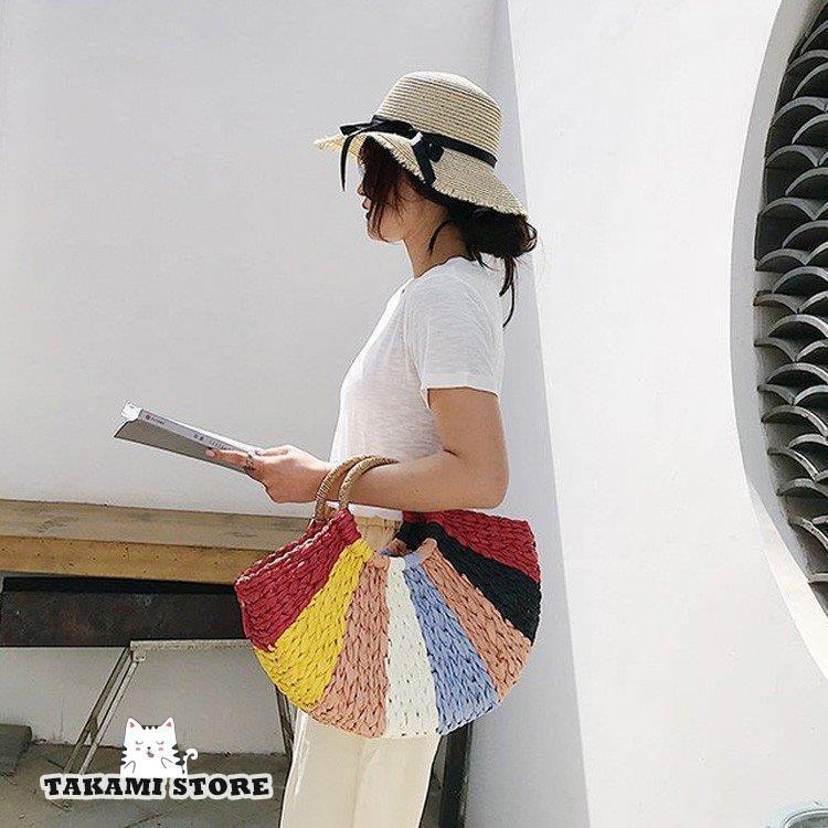 かごバッグ レディース サークルハン ドル トートバッグ 麦わらバッグ かわいい 海 ビーチ 草編みバッグ 夏バッグ 軽量 ピクニック 麦わらバッグ オシャレ 