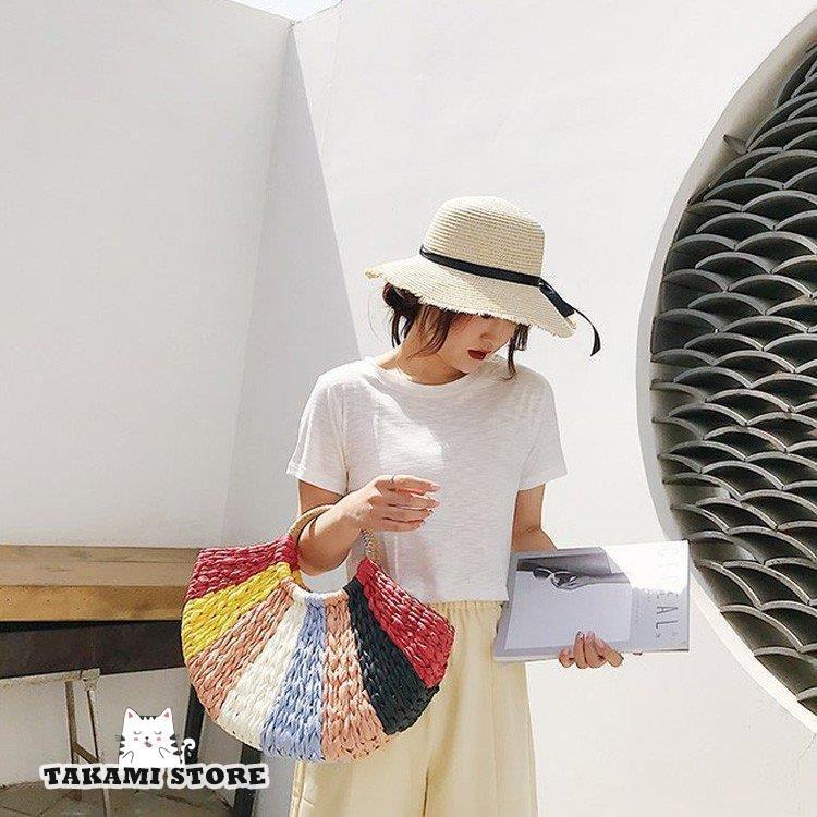 かごバッグ レディース サークルハン ドル トートバッグ 麦わらバッグ かわいい 海 ビーチ 草編みバッグ 夏バッグ 軽量 ピクニック 麦わらバッグ オシャレ 