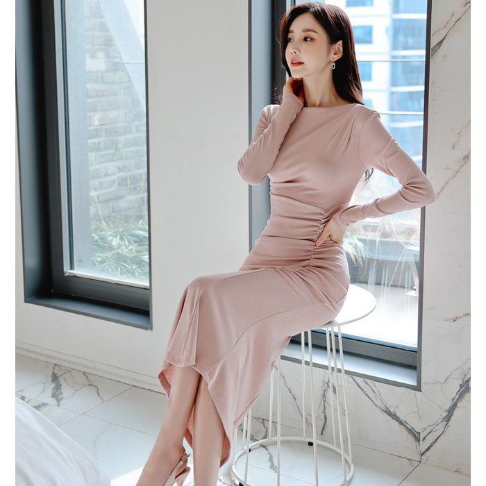 シンプルギャザー 膝下ミモレ丈ニットタイトワンピース ピンク ニット ニットワンピース タイトニット 服 韓国 