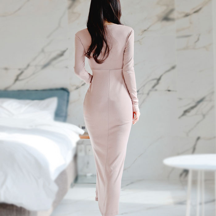 シンプルギャザー 膝下ミモレ丈ニットタイトワンピース ピンク ニット ニットワンピース タイトニット 服 韓国 