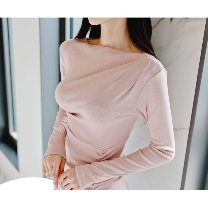 シンプルギャザー 膝下ミモレ丈ニットタイトワンピース ピンク ニット ニットワンピース タイトニット 服 韓国 