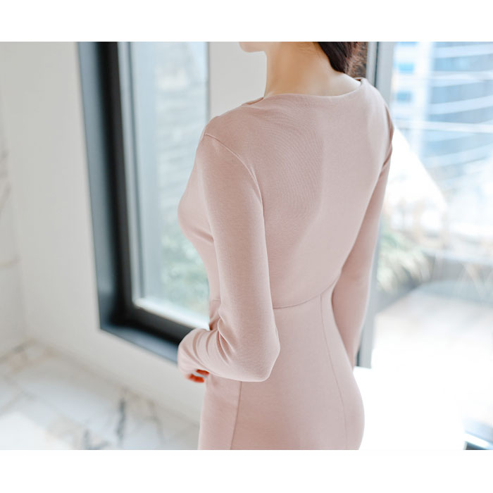 シンプルギャザー 膝下ミモレ丈ニットタイトワンピース ピンク ニット ニットワンピース タイトニット 服 韓国 