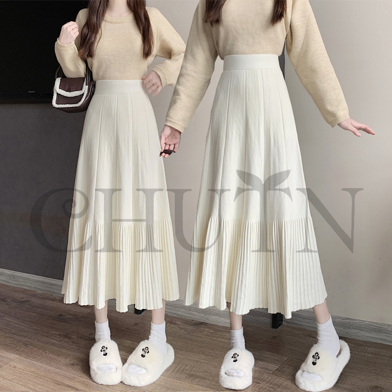 ニットマキシ丈スカートプリーツ ニットスカートマキシ フレアスカート ハイウエスト秋冬ロング丈スカート 着痩せ カジュアル 入学式 通勤 気質 