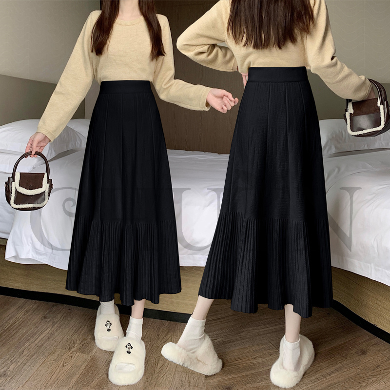 ニットマキシ丈スカートプリーツ ニットスカートマキシ フレアスカート ハイウエスト秋冬ロング丈スカート 着痩せ カジュアル 入学式 通勤 気質 